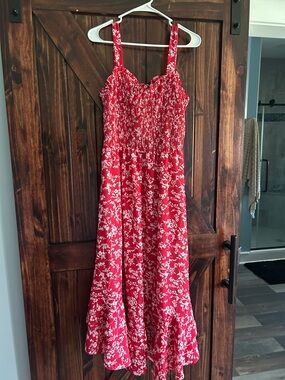 Red Floral Smocked Midi Dress